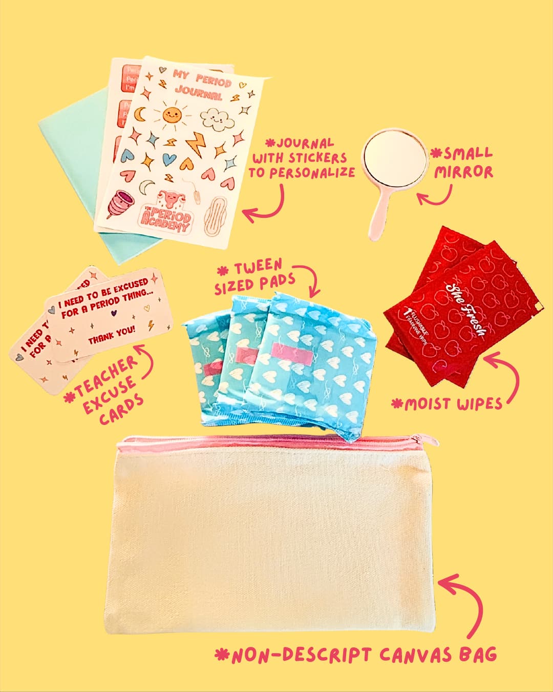 The Period Academy period starter kit — pads, journal, mirror, wipes, and canvas bag